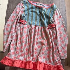 Flit & Flitter Coral Pink Floral Dress with Blue Striped Yoke